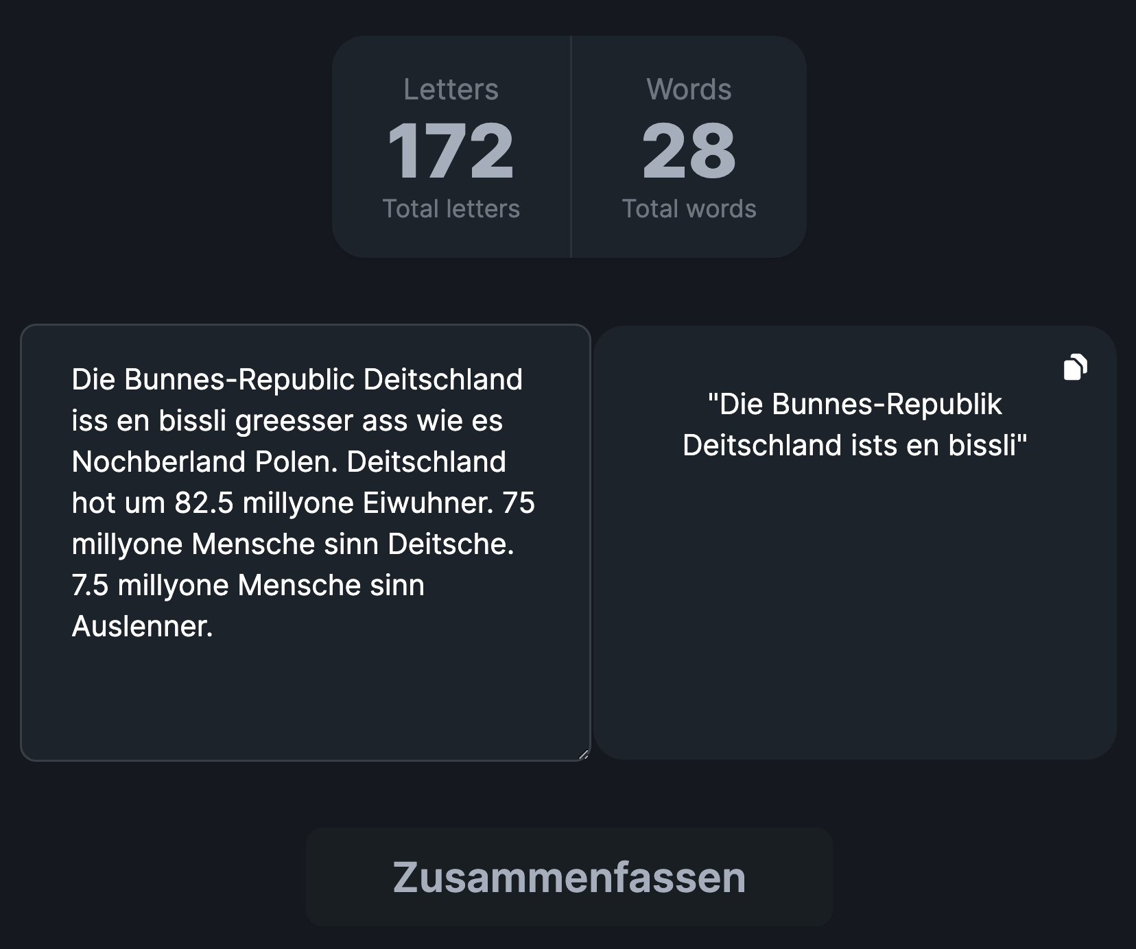 German Summarisation app screenshot