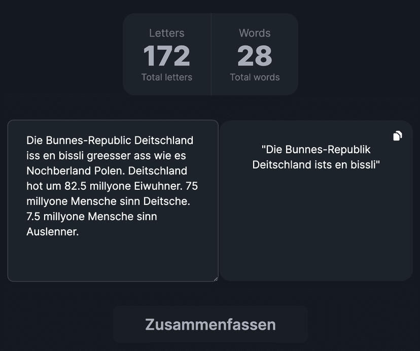 German Summarisation app screenshot